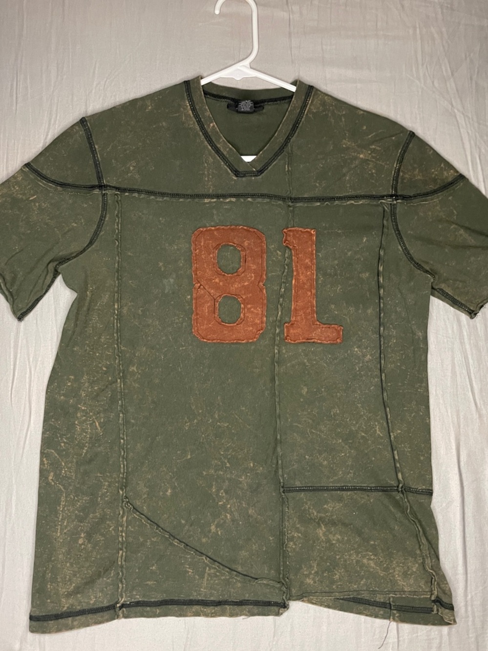 Express Olive Green Short Sleeve V-Neck Shirt with Rust Red '81' Patch